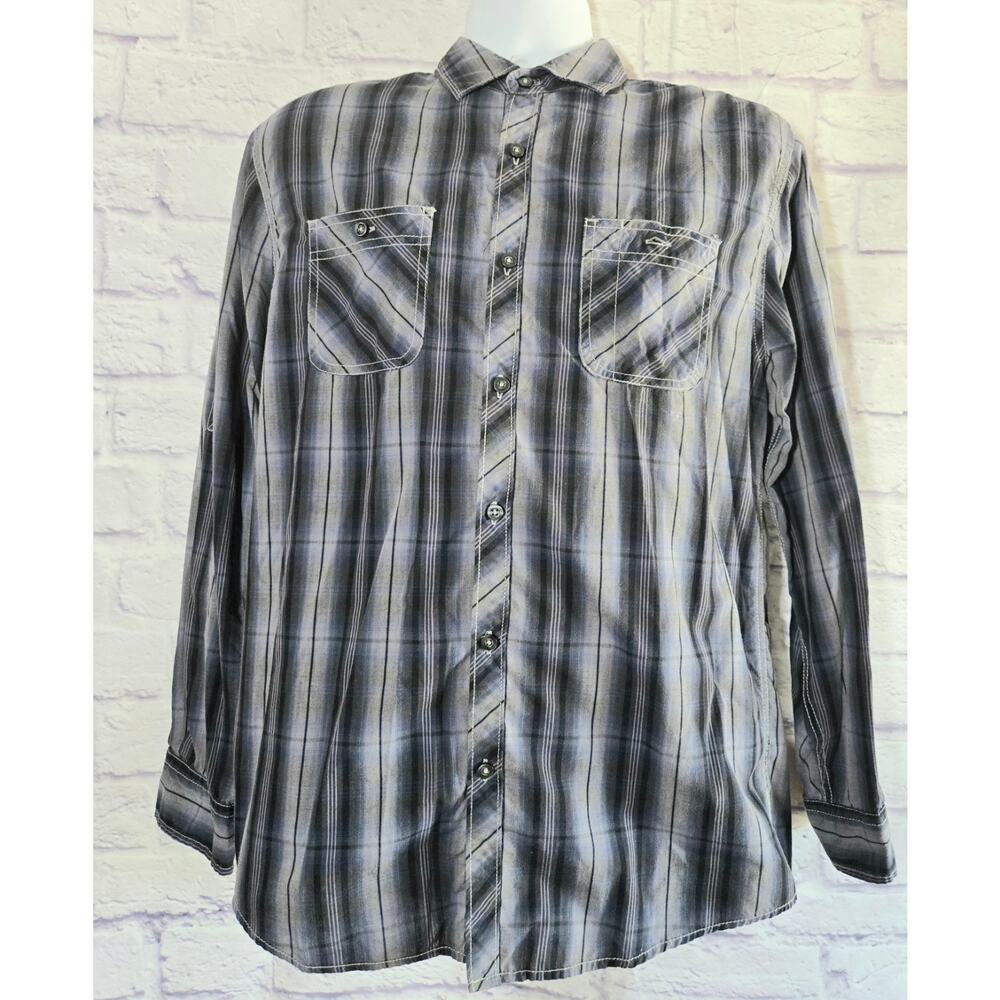 Michael Brandon Gray Blue Stripe Button Up Roll Tab Sleeves Men's Shirt Medium